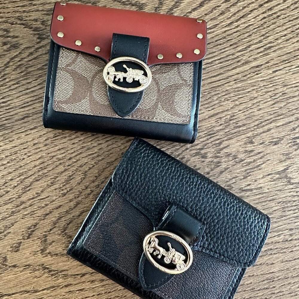 NWT! NEW! Coach Georgie Bi-Fold Wallet -Black Brown Stud /  Black CC